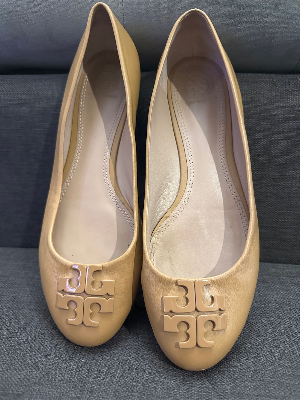 Tory Burch Beige Leather Logo Ballet Flats